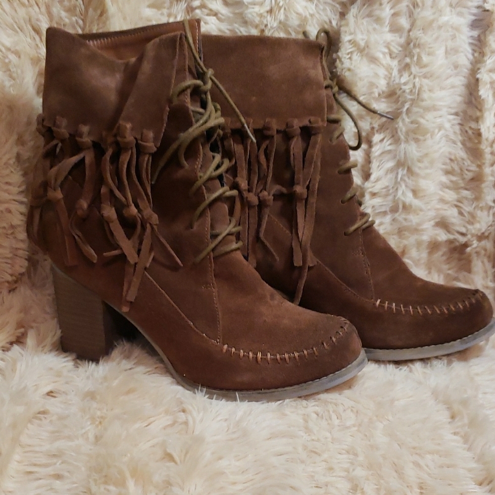 Sbicca Suede Fringe Women's Boots, Leather Ankle Boots With Block Heel